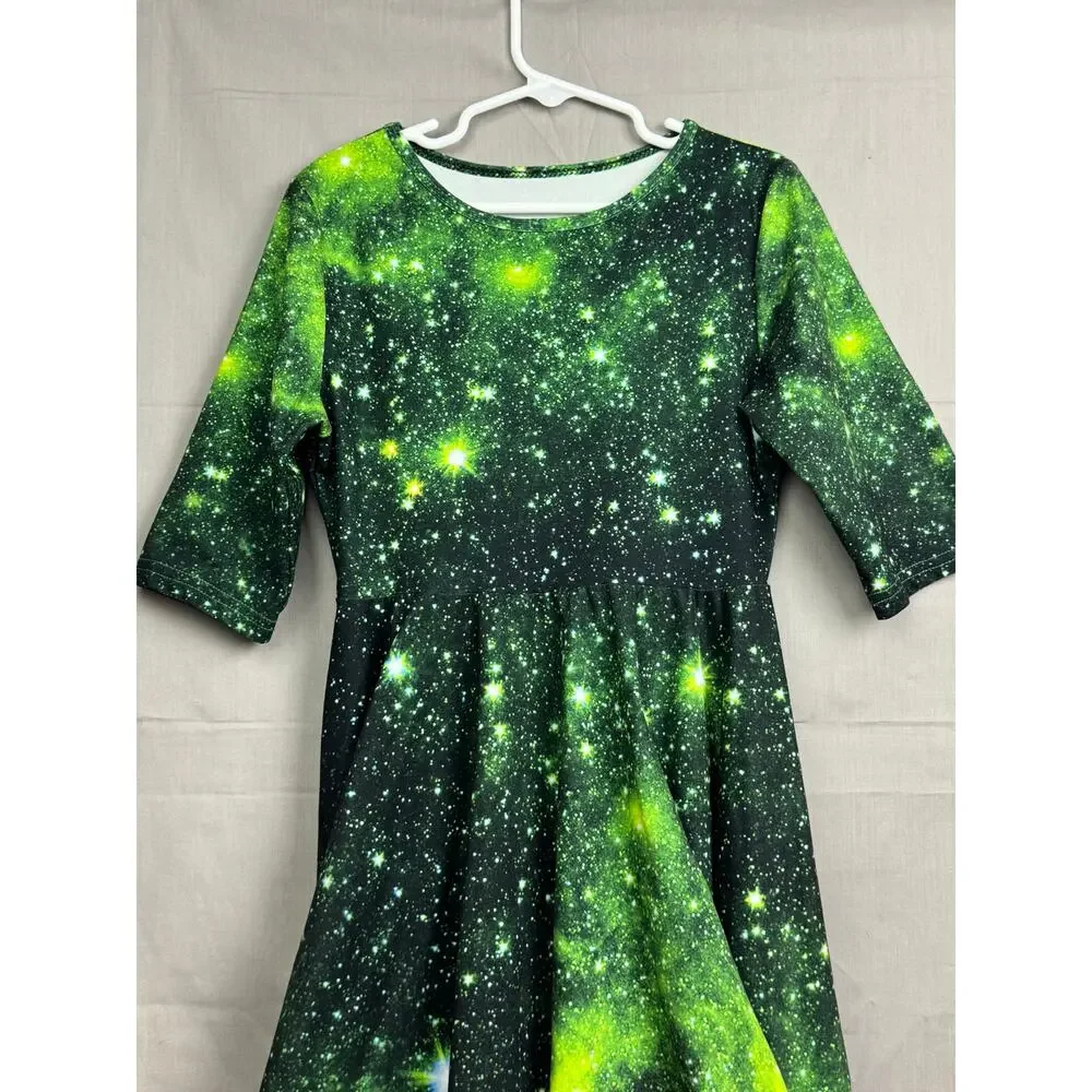 Girls Holiday Christmas Dress – Galaxy Star Print with Poinsettias, Size S
